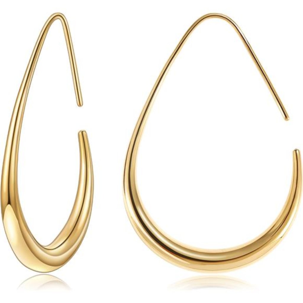 Teardrop Hoop Earrings For Women, 14k Gold Plated Oval Pull Through Hoop Trendy